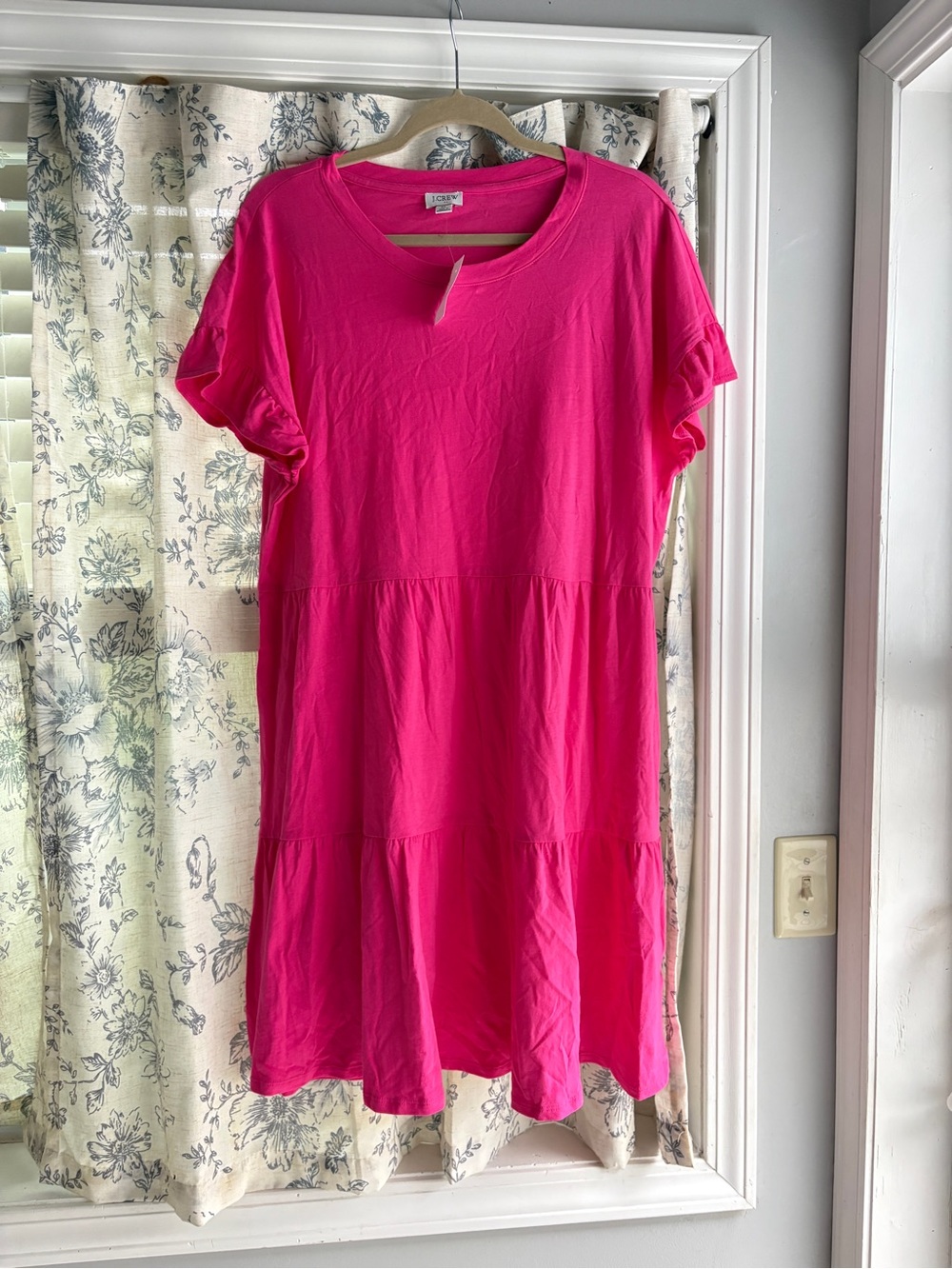 J. Crew Cotton Hot Pink Tiered Ruffle Sleeve Sun Dress